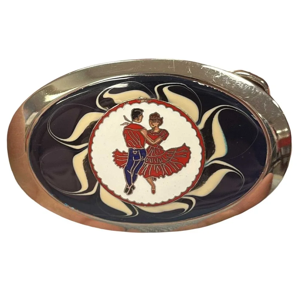 Vintage Chrome Belt Buckle With Round Pic Of Square Dancers / Tango